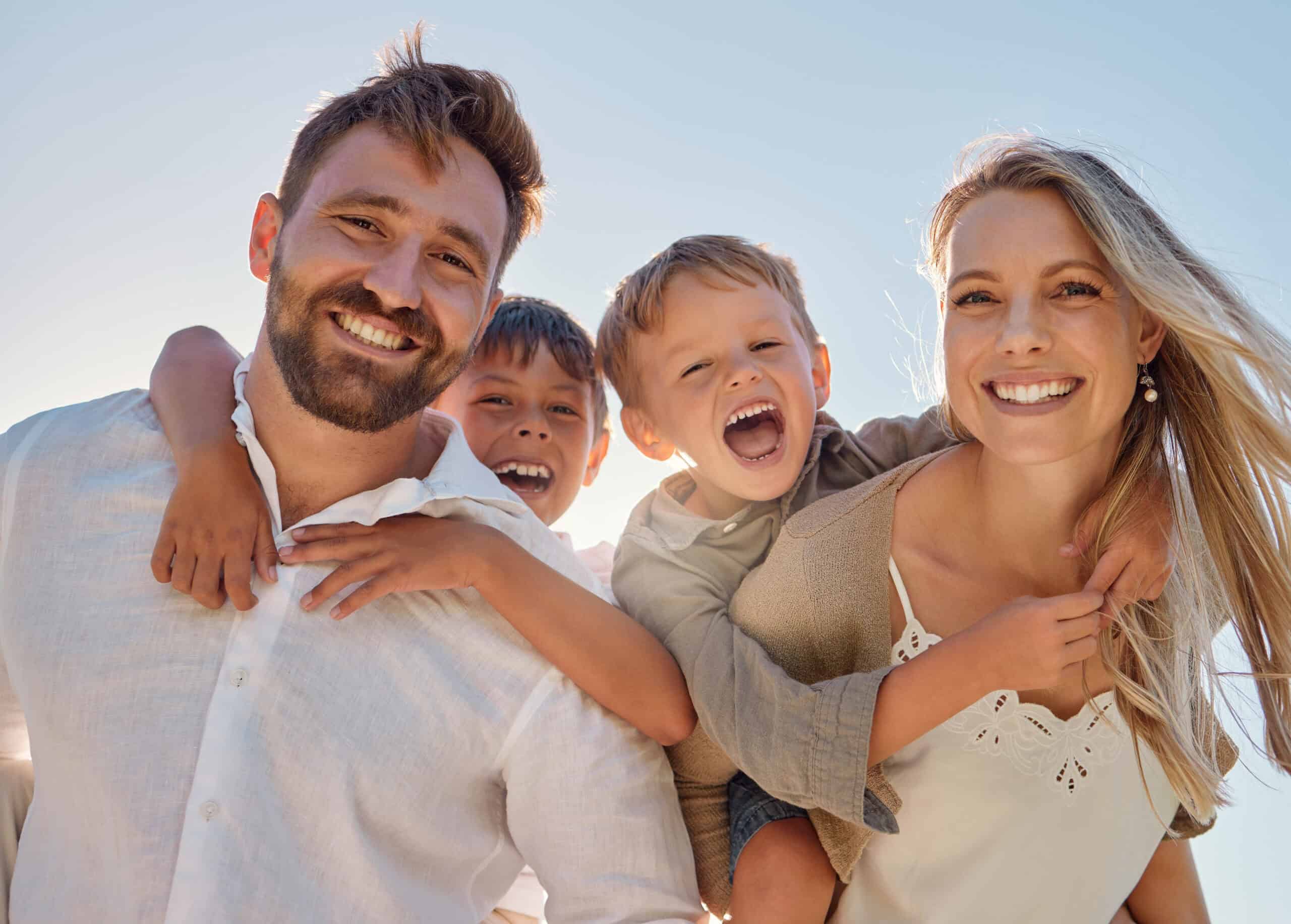 Kids, face and parents on sea vacation with family bonding, excited and cheerful.